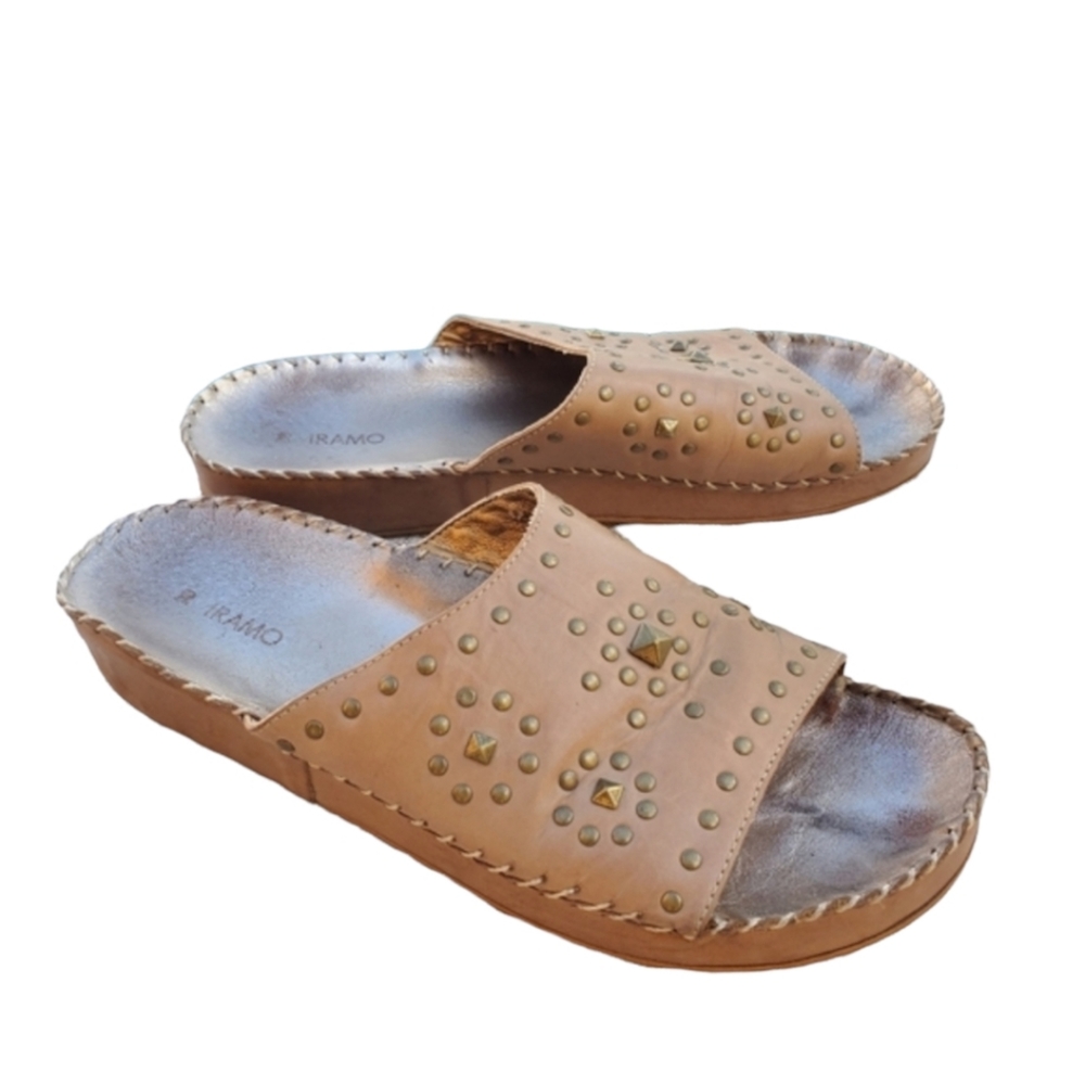 IRAMO SAM OMARI Studded Leather Platform Slides 40 9.5 Tan Boho Sandals - Picture 11 of 14
